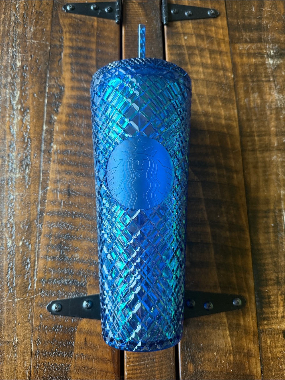 Starbucks Blue Iridescent Jeweled Tumbler 24oz Venti Cold Cup Straw
